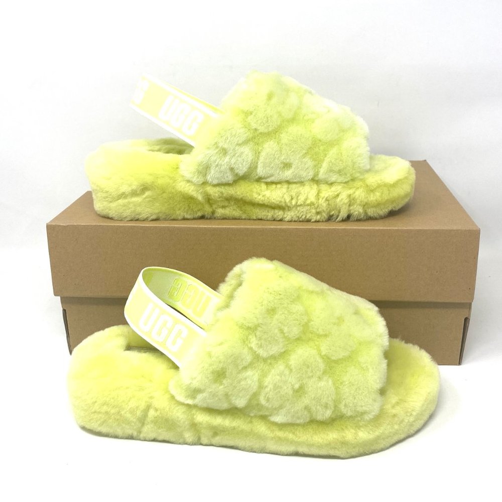UGG Women Size 7 1118459 PLLN Fluff Yeah Poppy Yellow Pollen Fur Slides Slippers - Picture 6 of 10
